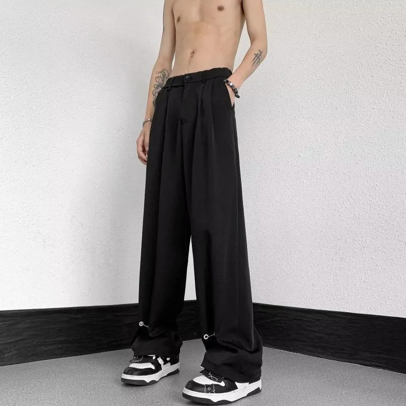 Calças masculinas verão fino mens elástico cintura reta high-end drape nicho design gelo seda solta casual streetwear homens perna larga