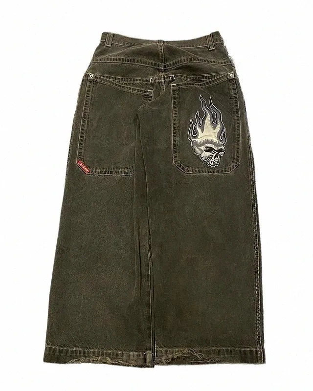 streetwear JNCO Jeans Y2K Skull Graphic Brodé Hip Hop Poche Baggy Jeans Pantalon Noir Hommes Nouveau Pantalon Large Taille Haute W5Ff #