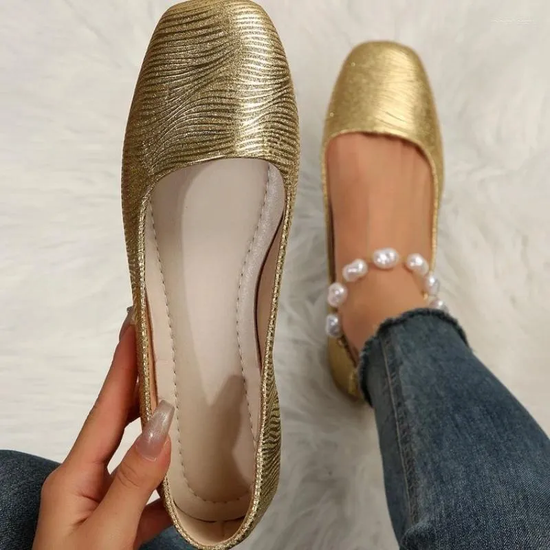 Casual Shoes 2024 Women's Flat Square Toe äkta läder Soft Sole Gold Sliver Single Fashion Slip-On Loafers Storlek 43