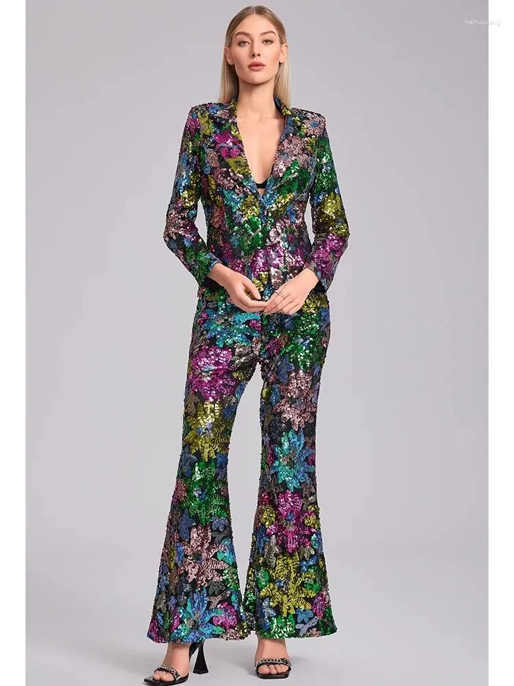 Kvinnors tvåbitar byxor fickor Floral Sequin Matching Set Nightclub Blazer och Flare Pant Sweetwear Fashion Spring Party Club Outfit 2024