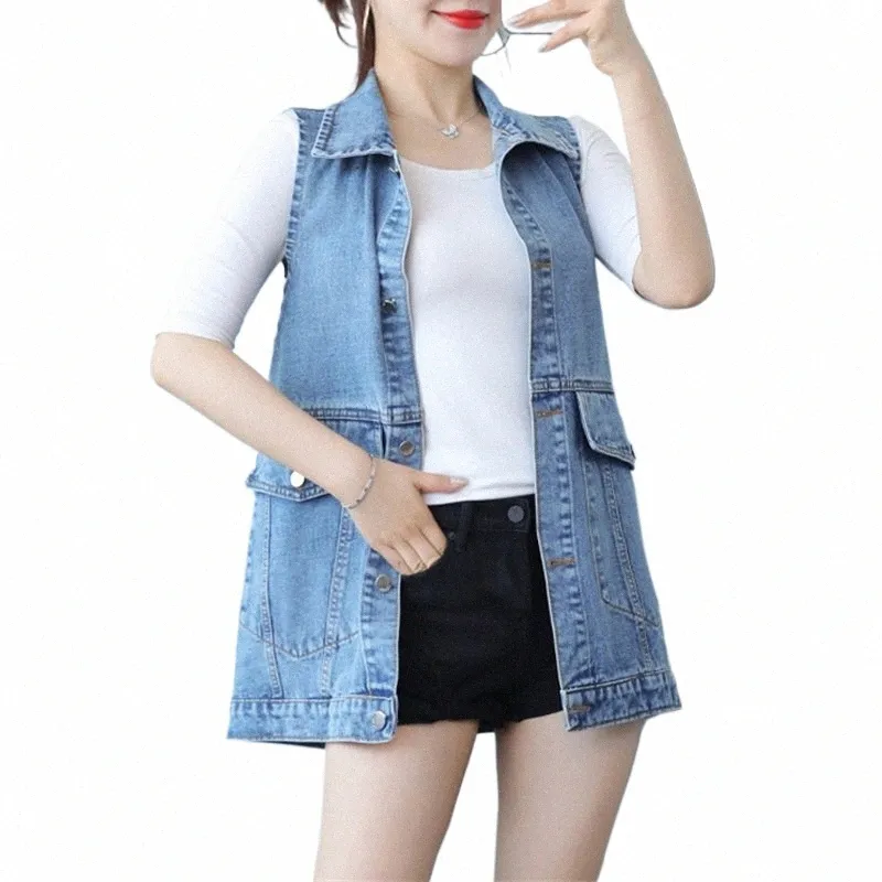 Hi-Fashion Classic Loose Mid-Length Denim Vest Women Plus Size Sleewel Jean Jacket Casual Spring Big Pocket Waistcoat Female Z5VH#