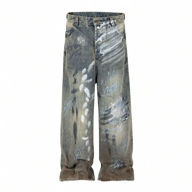 baggy Loose Graffiti Printed Hip Hop Jeans Pants Wed Cargo Streetwear Denim Trousers For Male j2RT#