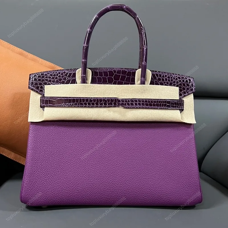 Sac fourre-tout de créateur de mode sacs à main de luxe de haute qualité 30CM peau d'alligator togo sac femme bicolore sac fourre-tout moyen couture à la main sac violet emballage de boîte-cadeau sac de dame