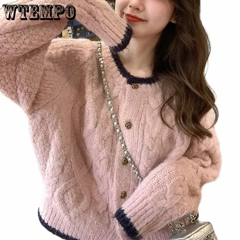 Wtempo Femmes Lg Manches Courtes Cardigan Lâche Casual Crop Pull Tricoté Crewneck Automne Hiver Dames Butt Down Tricots r1Ie #