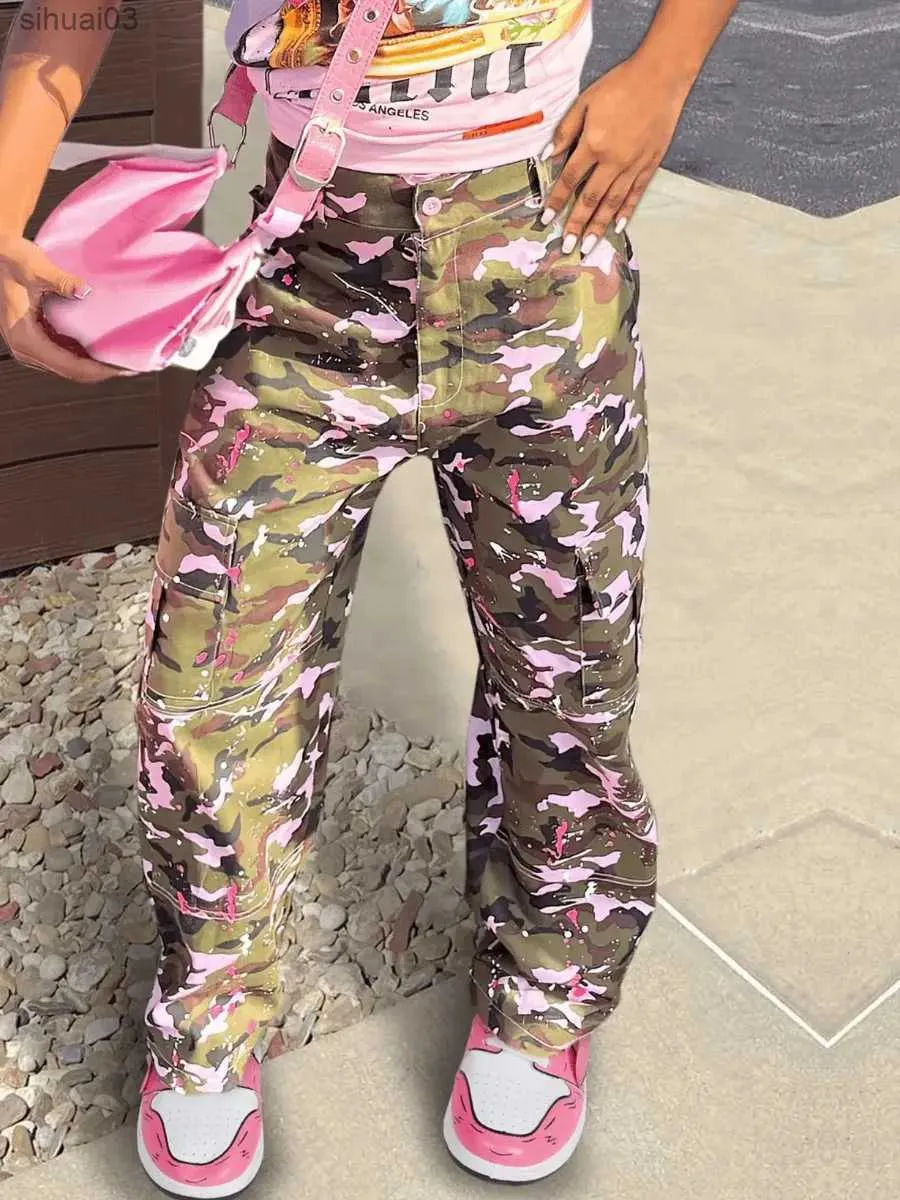 Jeans femininos lw outono / inverno mulheres carga navio roupas de rua rosa camo cintura alta bolso lateral design calças XS-3XLL2403