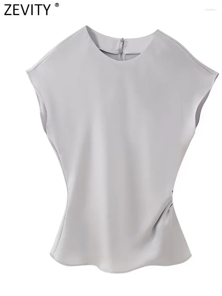 Women's Blouses Zevity 2024 Women Fashion O Neck Raglan Sleeve Soft Satin Smock Blouse Female Side Pleats Slim Shirt Blusas Chic Tops LS273