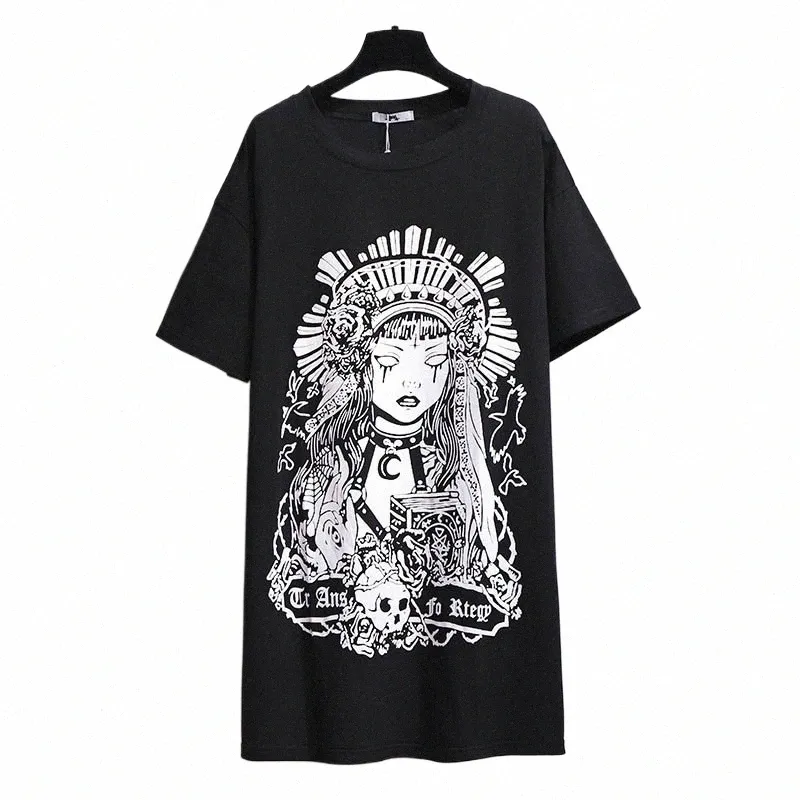 150 kg plus size Women's Summer Black Wind Witch Print T-shirt Byst 157cm 6xl 7xl 8xl 9xl 10xl Löst LG O-Neck Kort ärm Top N9Cl#