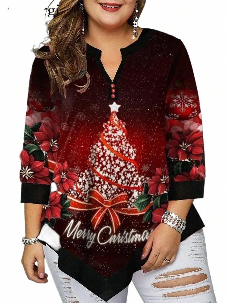 Плюс Размер Осенний пуловер с принтом рождественской елки Женские нерегулярные Fi V-образным вырезом Женские блузки Плиссированные свободные женские топы 2023 v7ui #