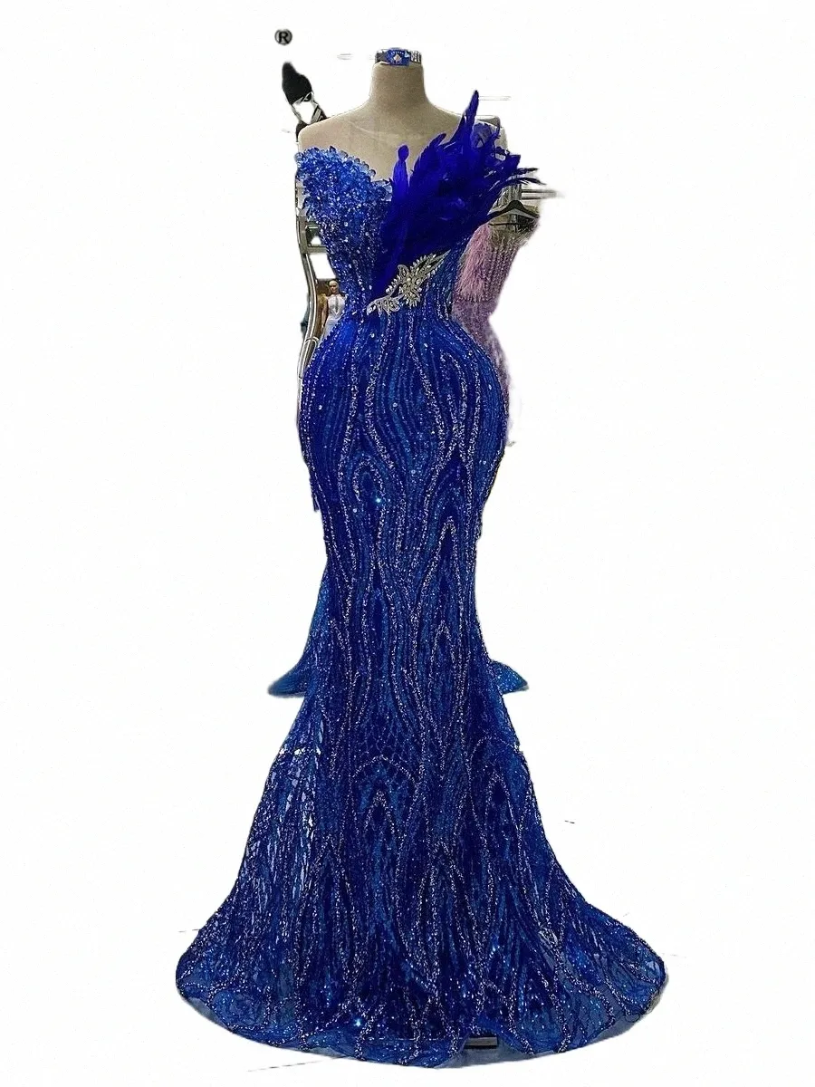 Belle robe de soirée à manches sirène bleu Royal pour femmes arabes, plumes de luxe, robe de soirée de mariage scintillante, y020 #