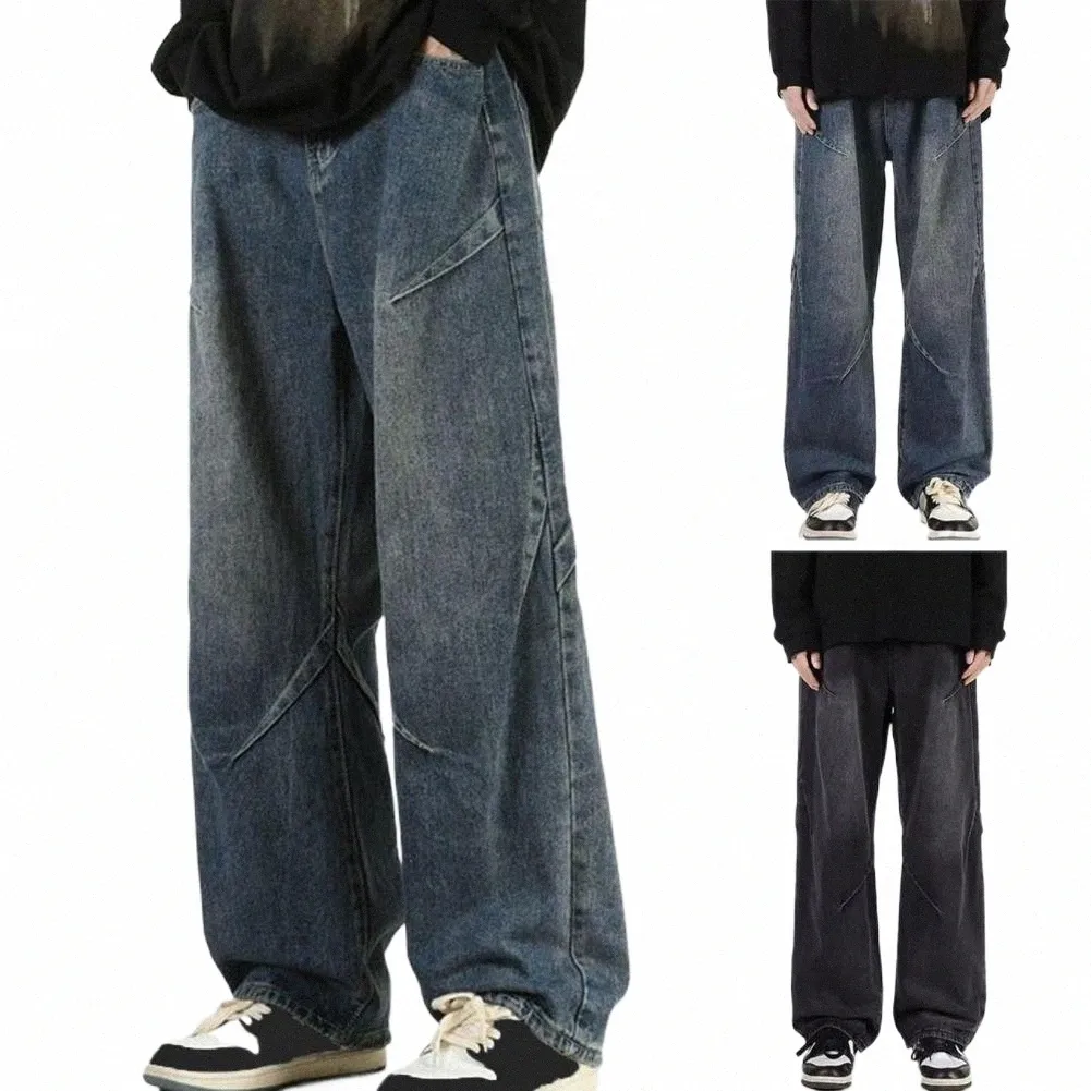 Hommes Jeans à jambe droite Pantalons en denim de style hop pour hommes Pantalons baggy taille haute pour femmes Jeans à jambes larges avec poches drapées 18xC #