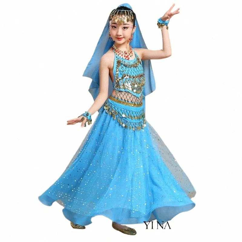 Conjunto de fantasia de dança de bollywood para meninas, adulto, crianças, dança do ventre, sari indiano, roupa de chiff, traje de festa halen, l0m4 #