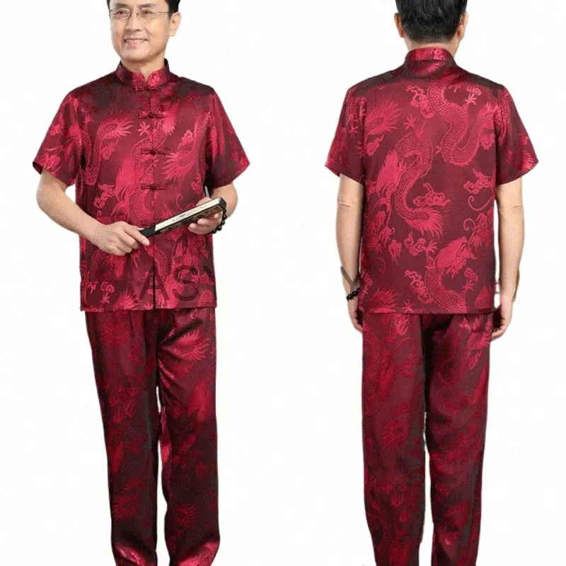 Kırmızı Çin Traditia Erkek Tang Suit Setleri Kısa Kollu LG Pantolon Drag Kung Fu Suit Yüksek Kaliteli İpek Wu Shu Tai Chi Set C26U#