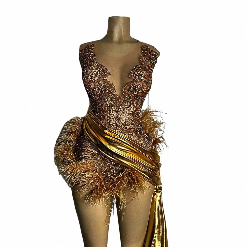 Luxury Gold Diamd Formal OCN Dres Dres Sheer Sexy Mira a través de Black Girls Feather Corto Prom Dres 2024 CUMPLEAÑOS N6HM#