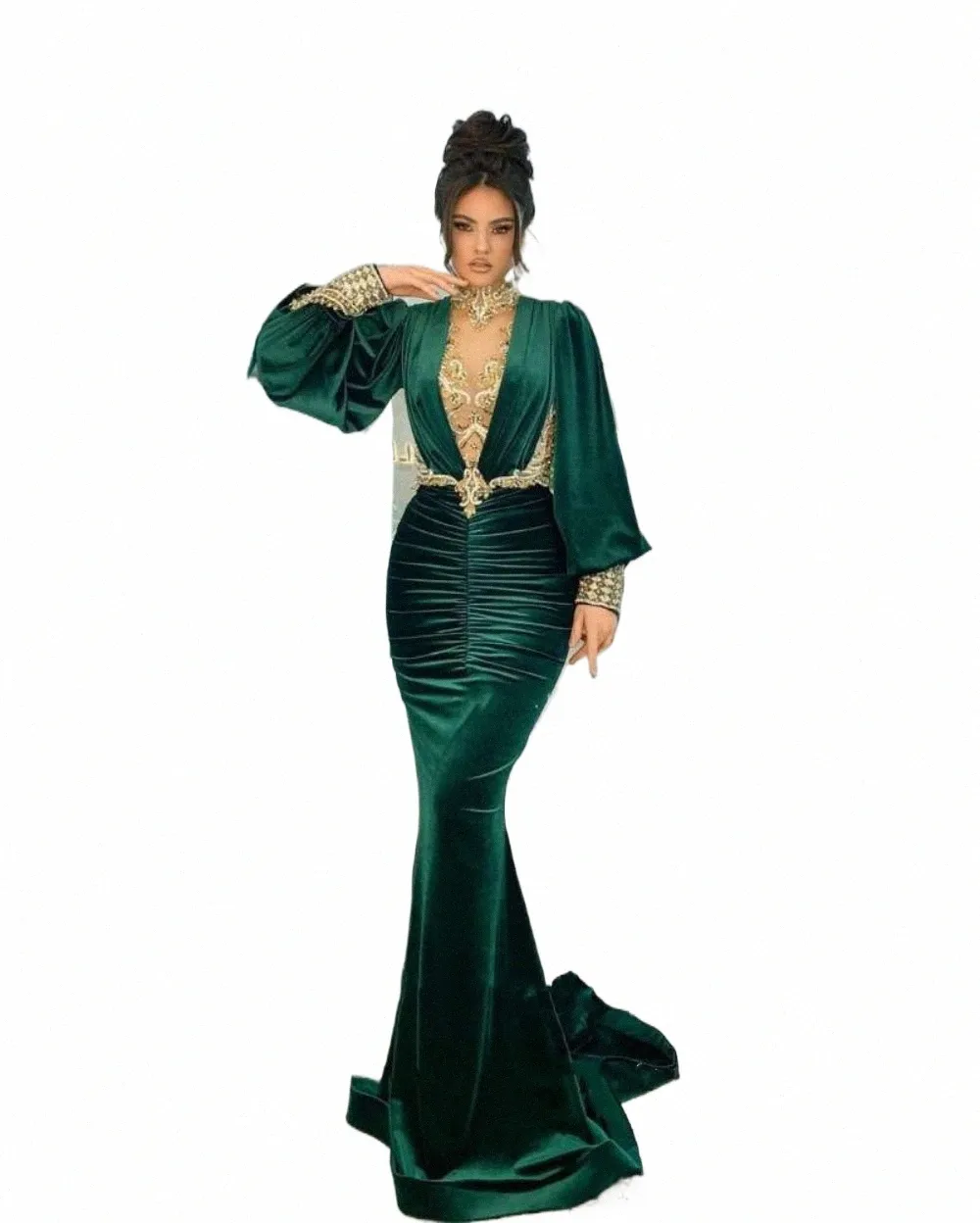 Veet Emerald Green Evening Dr Arabic LG Puffy Sleeves Mermaid Prrom Gown Guldpärlor Anpassade Party Dr O0yi#