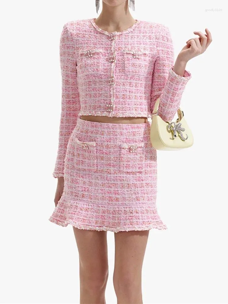 Pink Plaid Knit Dress Set: Womens Long Sleeve Sweater Cardigan A
