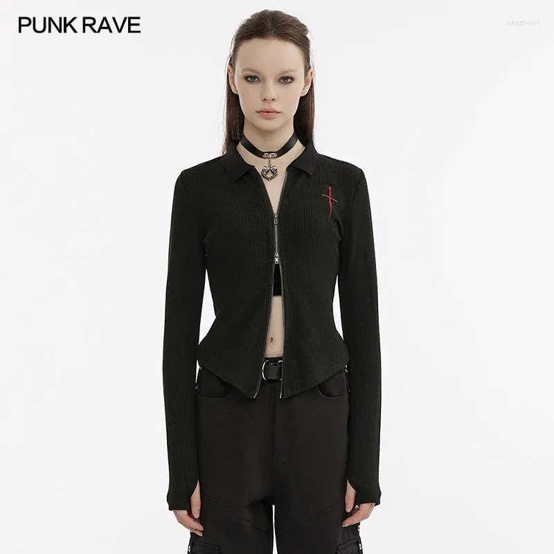 Jaquetas femininas punk rave gótico pontiagudo hem ajuste de malha cruz espada vermelha jaqueta bordada moda diária preto pequeno casaco toda a temporada