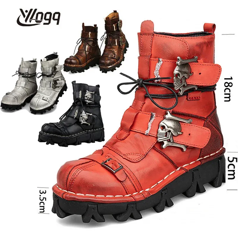 Botlar Erkekler Gerçek Deri Motosiklet Botları Askeri Boot Gotik Kafatası Punk Bot ayak bileği Moda Batı Botları Adam Taktik Boot Botas50