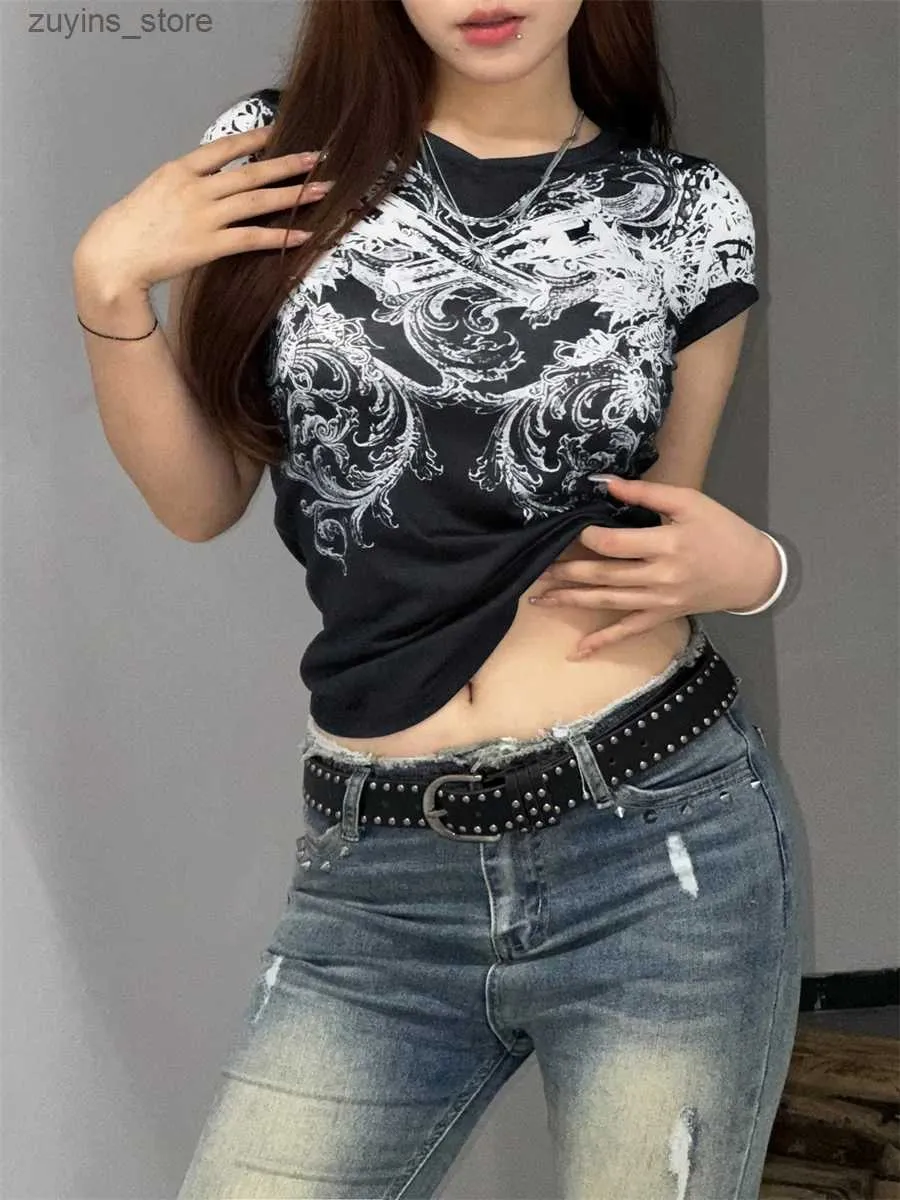 T-shirt da donna Sunloudy Donna Y2K Grunge T-shirt a maniche corte E-Girl Estetica Grafica T-shirt Estate Punk gotico T-shirt Goth Crop Clothes24329