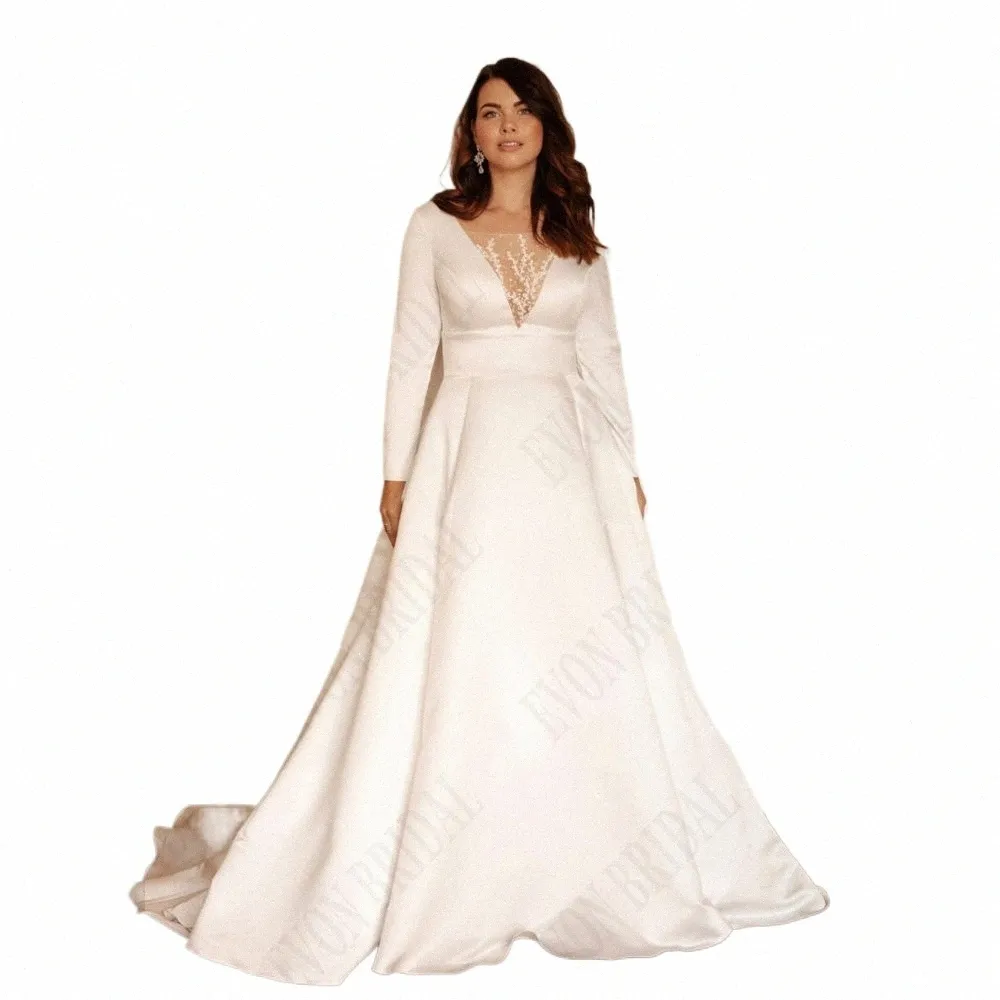 Evon Bridal Oversize satynowy satynowy ślub Dres dla kobiety LG rękawy Bride Suknie Bride Plus Size Classic Vestidos de Novia 2024 B6O9#