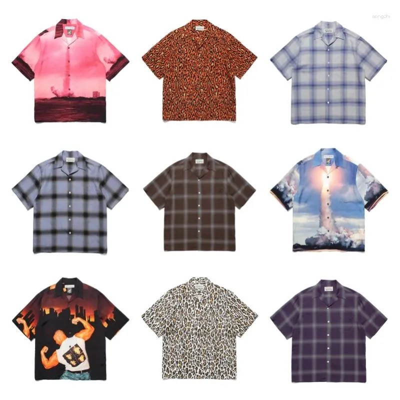 Camisetas para hombres Camisa de manga corta multicolor WACKO MARIA Calidad 1: 1 Impresión Hawaii para hombre para mujer Tops casuales sueltos con etiquetas