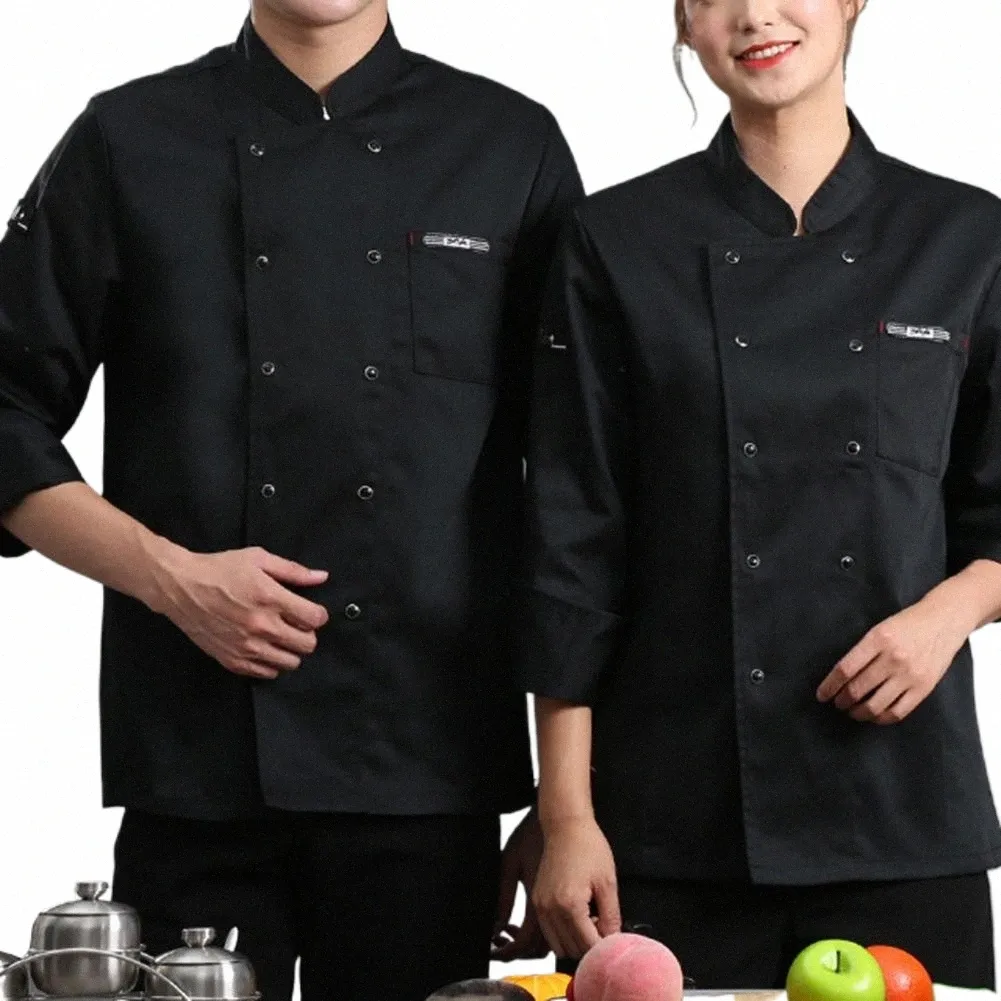 chef Top tinta unita tasca leggera uniforme da cuoco doppio petto ristorazione Butts unisex camicia da cuoco chef vestiti per la cucina R7bS #