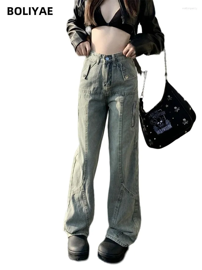 Женские джинсы Boliyae Baggy Women Y2k Прямые брюки с высокой талией в стиле ретро 2000-х годов Harajuku СВОБОДНЫЕ Широкие джинсовые брюки Vaqueros