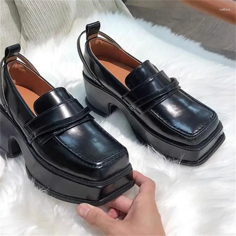 Zapatos de vestir Plataforma para damas Dedos cuadrados Churry Tacones altos Para mujer Líneas de costura Mocasines femeninos Tacones poco profundos Zapatos sólidos Mujer