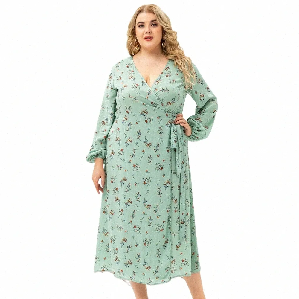 2021 autunno nuova vendita calda stile europeo e americano Plus Size scollo a V manica intera floreale Split Lg Dr per le donne a9tM #