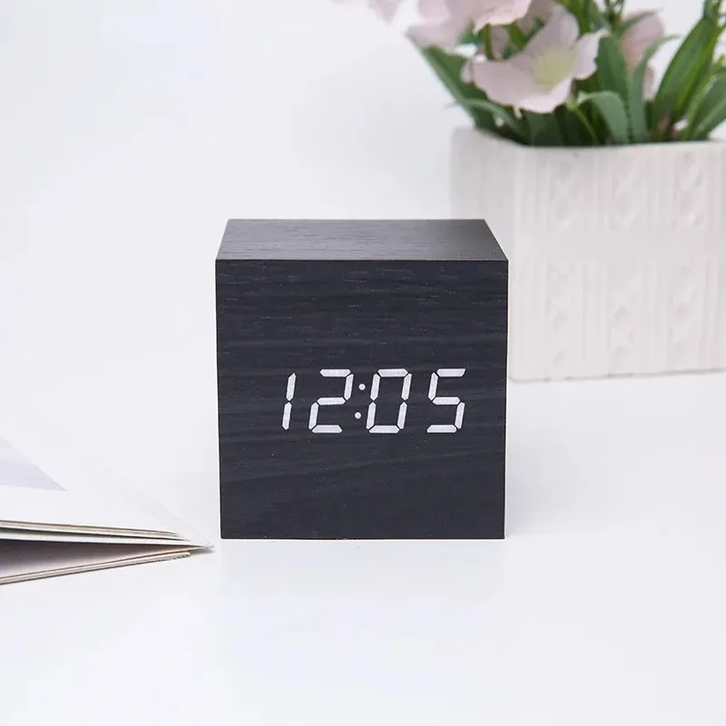 2024 Digital Alarm Clock Wooden Alarm Clock USB/Battery Powered, Mini Cube LED Digital Clock with Time/ Date/ Temperature Display