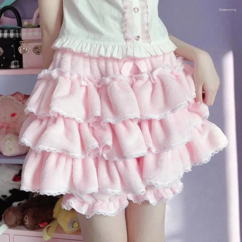 Damen Shorts Lolita Cosplay Custume Kürbishose Süßes Rosa Weiß Schwarz 90er Jahre Herbst Winter JK Plüsch Japanische Rüschen Laterne