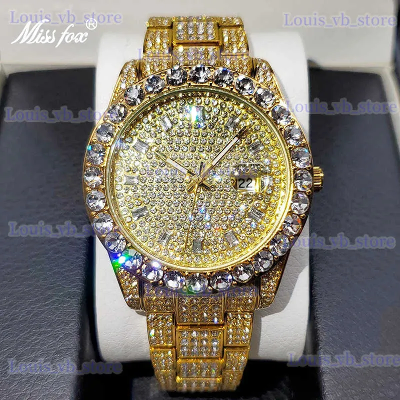 その他の時計Missfox Mens es 18k Gold Full Diamond Luxury Quartz for Man Waterproof Hip Hop Wrist Party Jewelly Dropshipping T240329