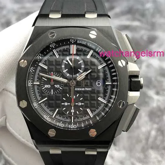 Zwitsers AP-polshorloge Airbnb Royal Oak Offshore-serie 26402CE Zwarte wijzerplaat, keramisch materiaal, rode naaldtiming, mechanisch horloge, heren AP-horloge, transparante onderkant 44 mm