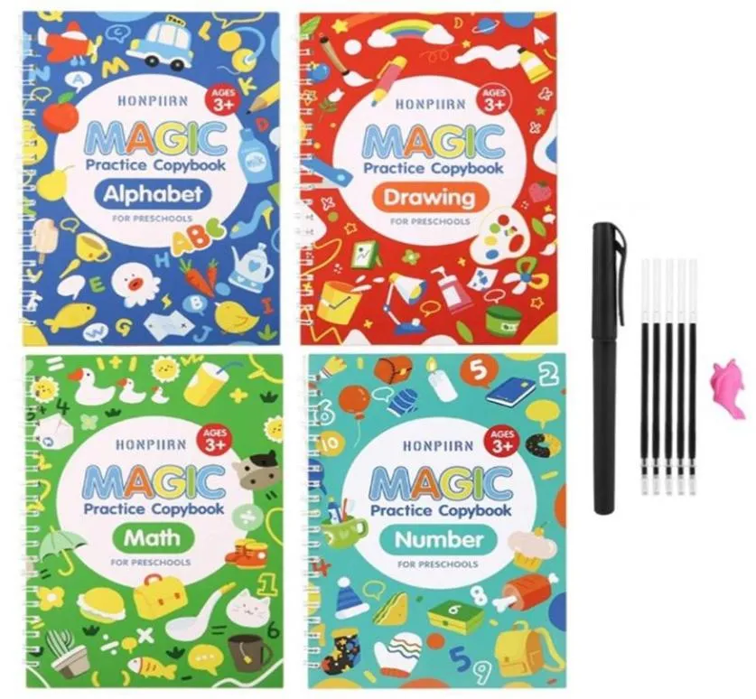 Quaderni 4in1 Quaderno di esercizi con inchiostro che scompare Set di libri di pratica magica Riutilizzato quaderno per la scrittura a mano Regali di compleanno per bambini6224062