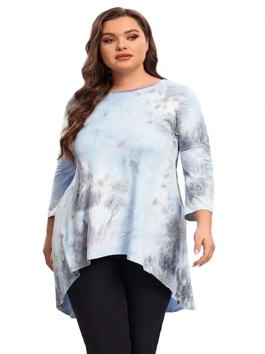 Plus Size Lg manica elegante Tie Dye tunica Top Lg allentato autunno Hi Low Swing camicetta T-shirt Plus Size Abbigliamento donna 6XL 7XL k0m3 #