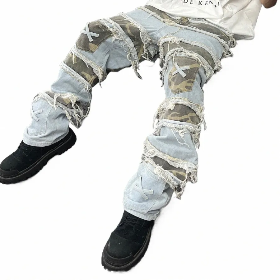 Streetwear Camuoue Patchwork Pantaloni jeans per uomini sposati disturbati Dritti di denim retrò camo micou micro svasato largo y5k9##