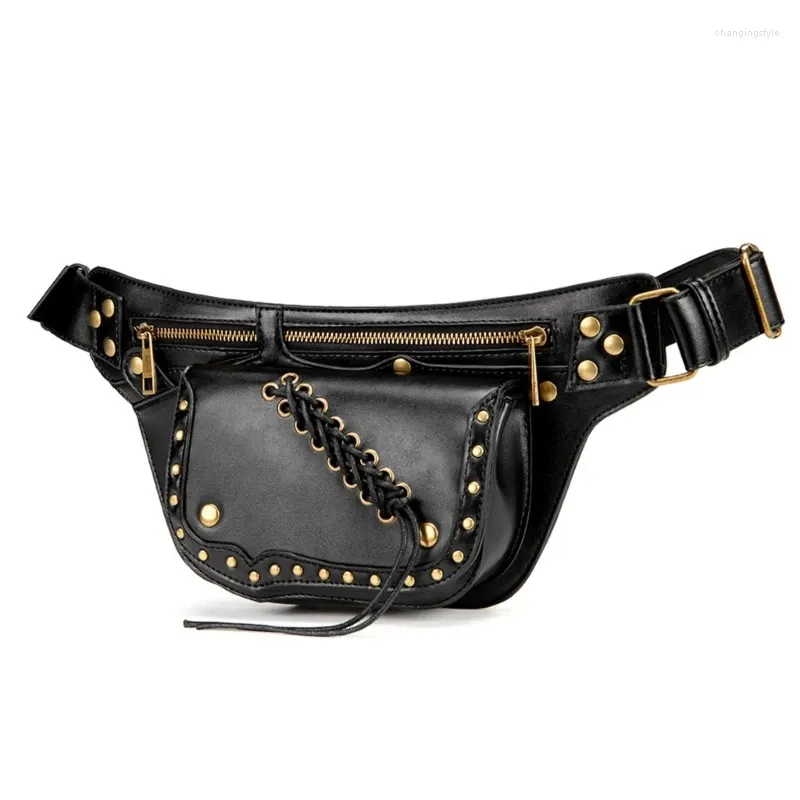 Sacos de cintura Saco de peito com zíper Medieval Steampunk Rebites PU Couro Crossbody Sling Bolsa Festas Ombro Day Pack