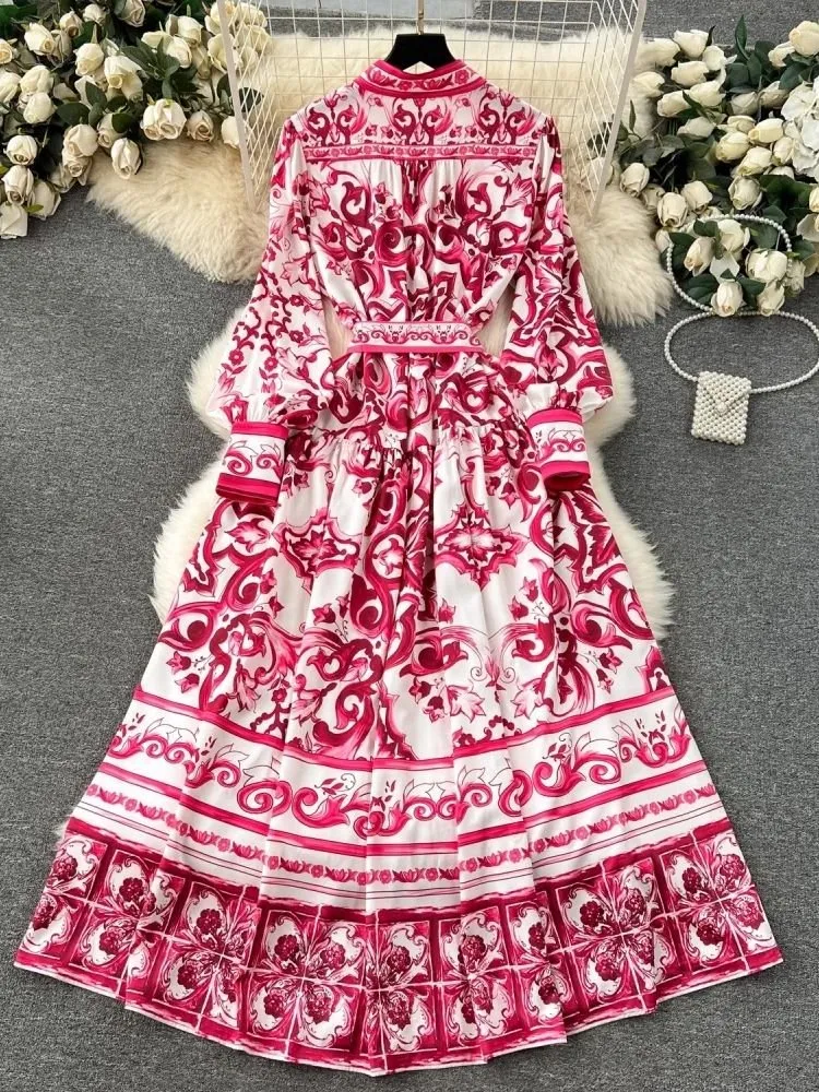 Runway Red Blue and White Porcelain Print Holiday Maxi Dress, Womens Casual  Stand Collar Single-Breasted Loose Lace-Up Belt Long Robe Vestido from  Dhgate Basic & Casual Dresses - price 17.88