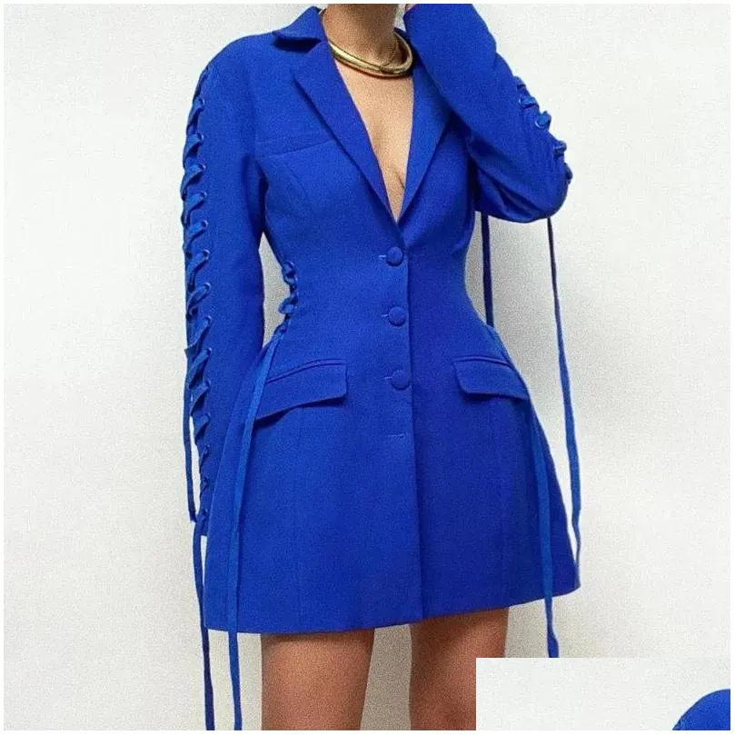 Damenanzüge Blazer Damen Blazer Kleid Frauen Elegante Mode Luxus Blau Einreiher Knopftasche Kerb Slim Hohe Qualität Dhwtz