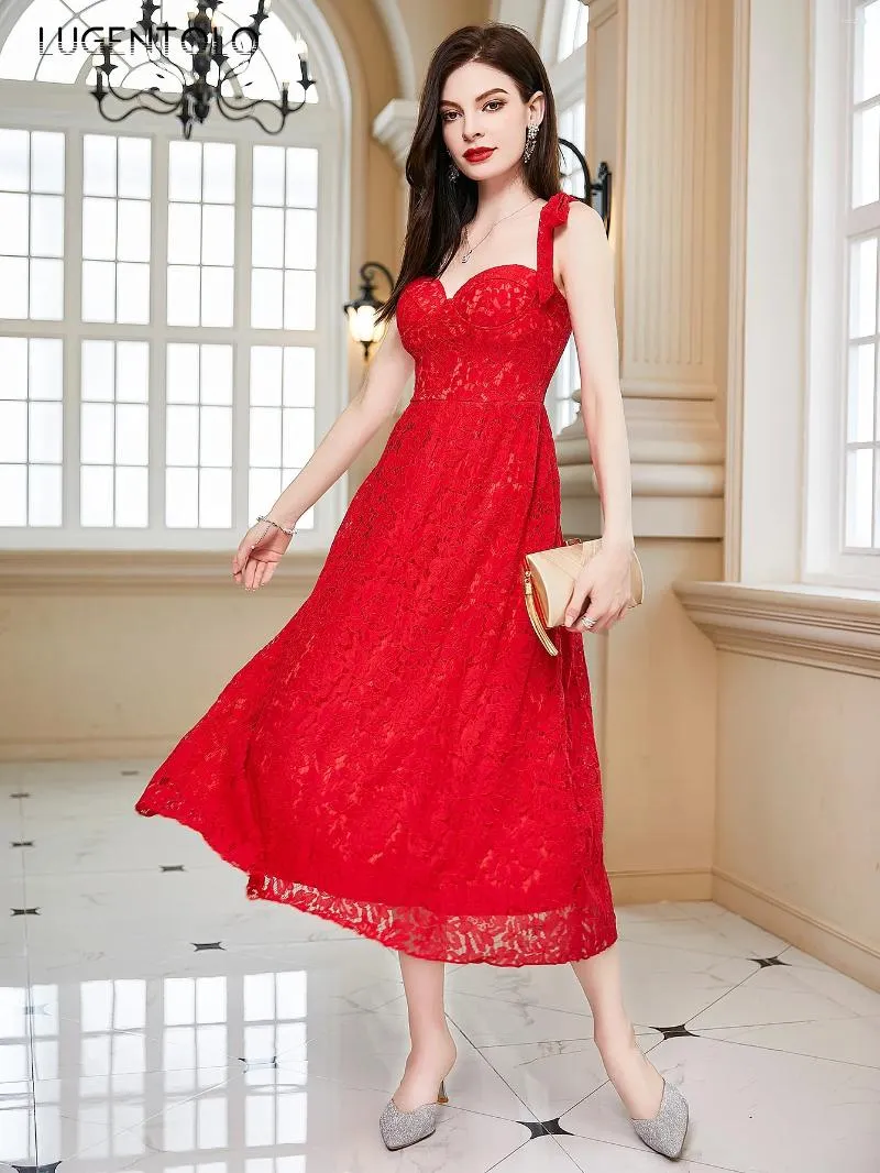 Vestidos casuais mulheres slim suspensórios vestido sem costas festa vermelho peito envoltório sem mangas senhora renda elegante cintura alta grande balanço longo pano