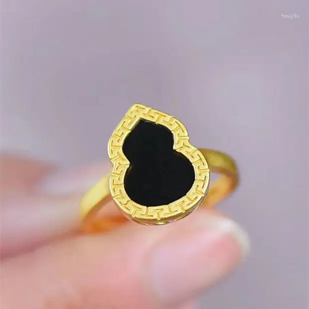 Cluster Rings Natural Chalcedony Ring Women's S925 Sterling Silver Gold Inlaid Dark Jade Gourd Gem Betydelse Auspicious Ornament