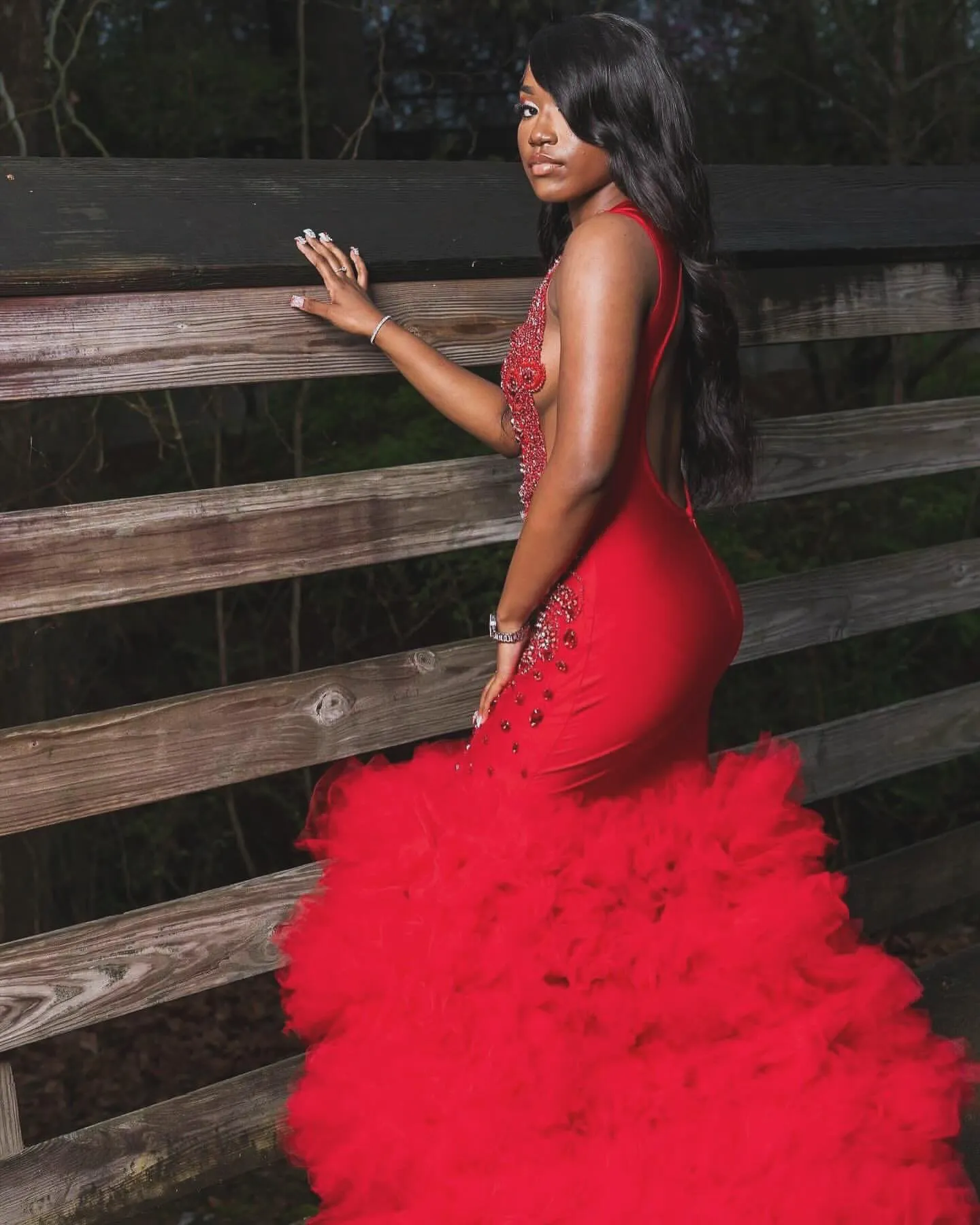 open lace back dress Fabulous Red High Neck Mermaid Prom Dresses,Long Party Dresses US18W / Custom Color