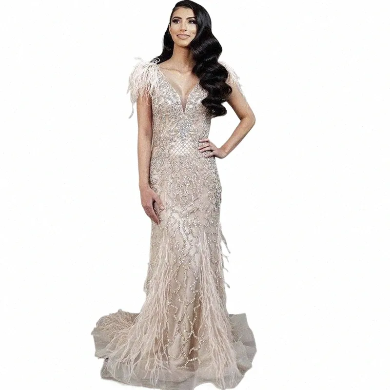 Shar sagte Champagner Mermaid Feathers Abend Dr. Luxus Dubai Prom Dres arabische Frauen elegante Hochzeitsformale Partykleider Q7K4#