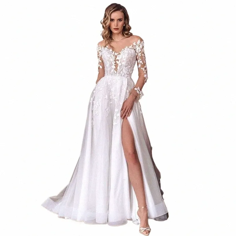 elegante A-Line da sposa Dr donne aperto indietro con scollo a V in pizzo manica Lg spacco laterale in tulle abito da sposa Sweep Train Abiti da Noiva h0gR #