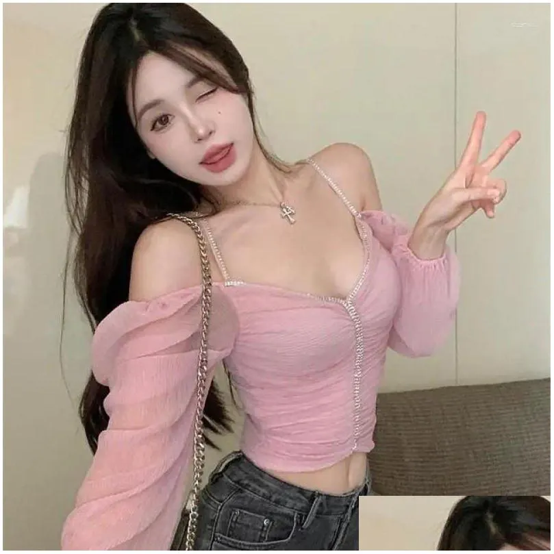 Magliette da donna magliette autunno rosa Y Eleganti camicetta Donne arruffate di design coreano senza schienale Tops femmina con manica con piumino casual 202 ot0xl