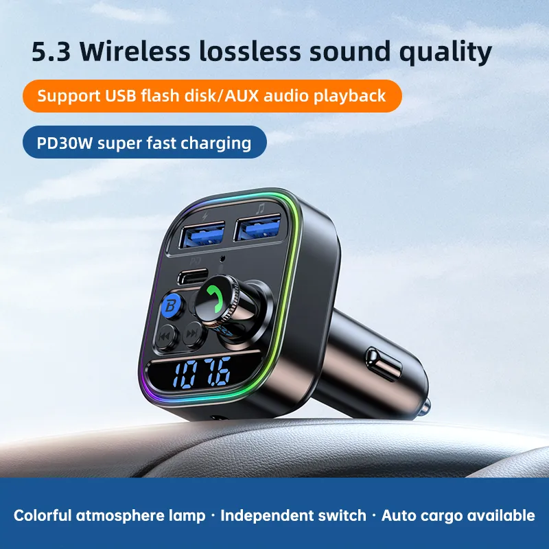 T18 Wireless Bluetooth Car Adapter Bluetooth 5.3 FM Transmitter AUX Radio Receiver MP3 Player Handsfree Call Type-C USB PD Car charger