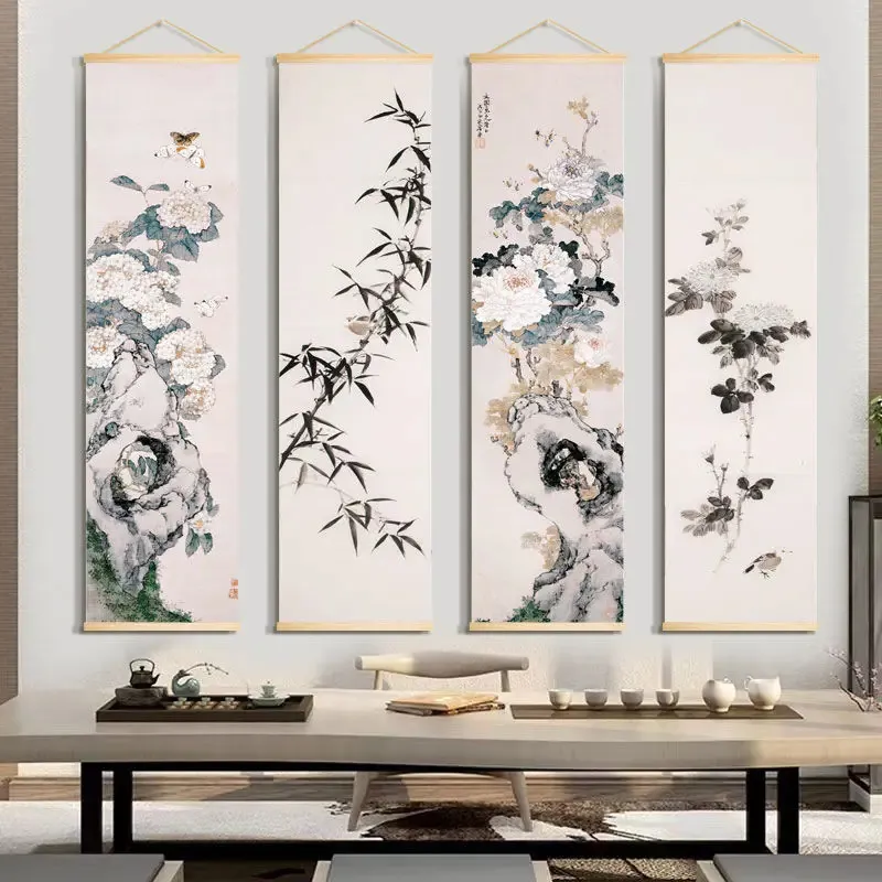Chinesischer Stil Bambus Scroll Wandmalerei Vintage Wohnzimmer Dekoratives Poster Home Office Decals Wandkunst Bild Wandteppich 240325