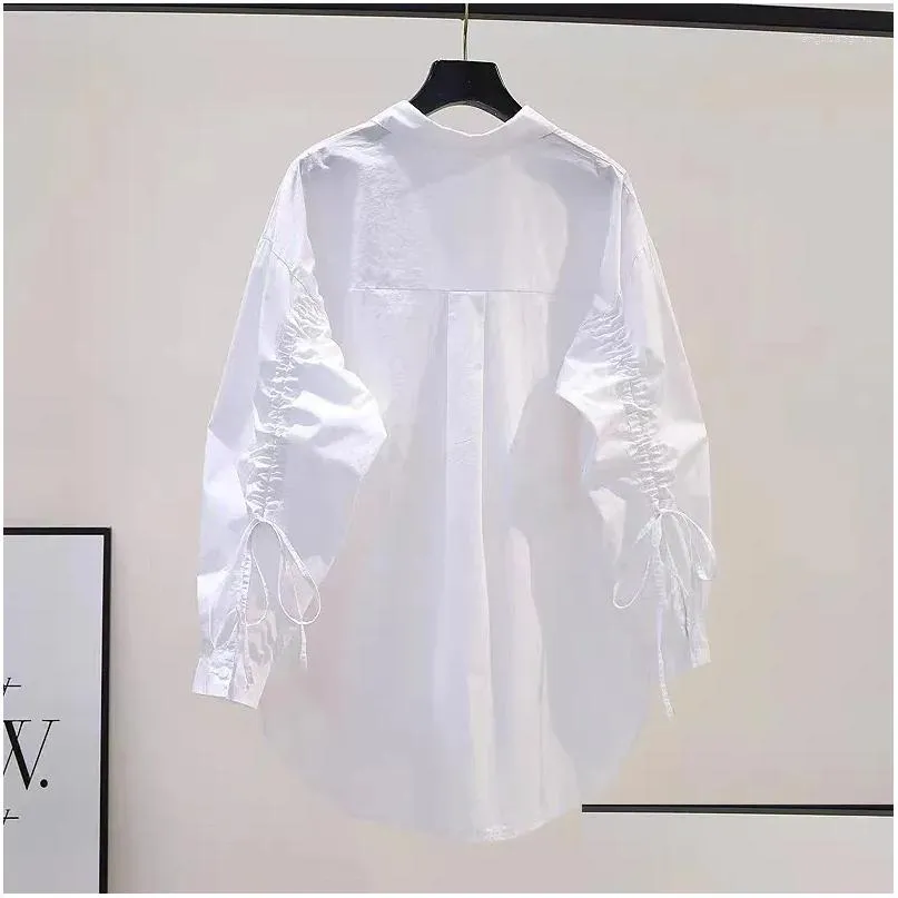 Blouses Femmes Chemises Blanc 2023 Femmes Court Printemps Eté Taille Haute Chemise À Manches Longues Casual Travail Élégant Slim Fit Noir Y2K Top Dro Otgh6