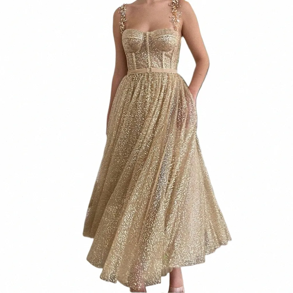 green emerald velvet dress Siaoryne Gold Glitter Tea Length Prom Dresses Straps A Line Short Even main image 1