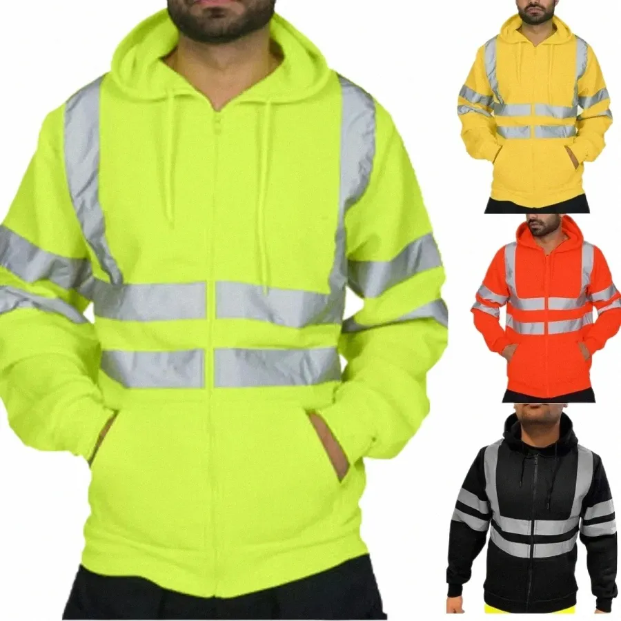 Tpjb Veste pour hommes Travaux routiers Haute visibilité Pull réfléchissant Lg Manches Sweat à capuche Casual Coupe-vent Vestes Manteau V4l2 #