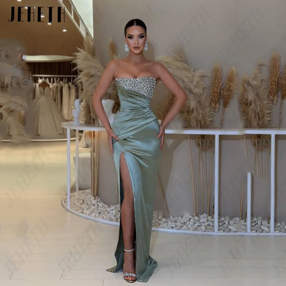 Long Sage Green Prom Dress Mermaid Prom Dress Detachable Train Short Sleeve  Satin Beading Floor-Length
